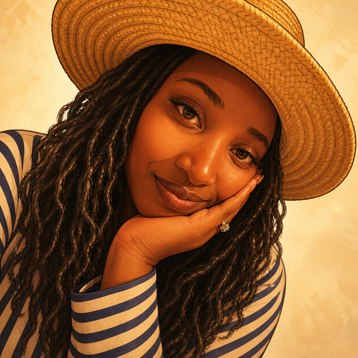 Illustrated portrait of Tesia Blakeney wearing a straw hat