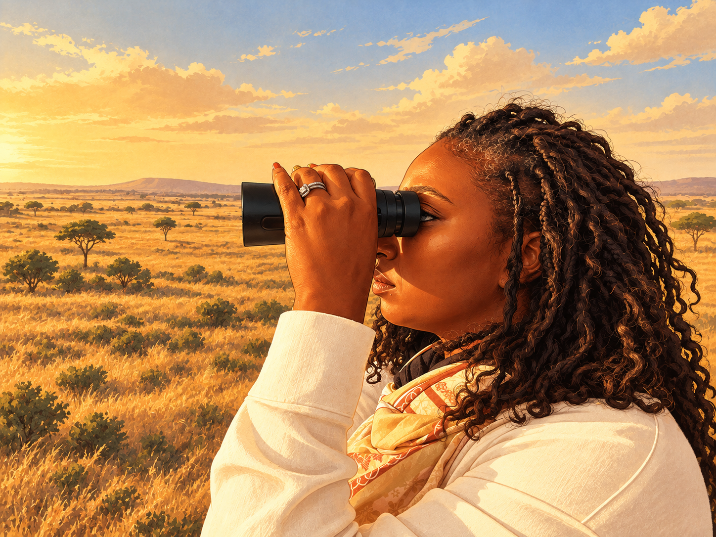 Illustration of Tesia Blakeney looking through binoculars on safari